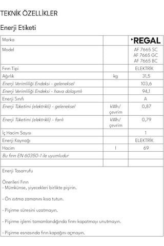 Regal AF 7665 GC 65 LT Elektro Turbo Ankastre Fırın