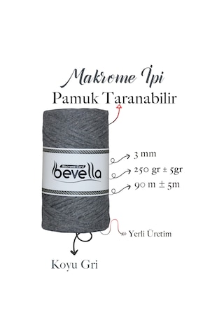 Taranan Makrome Ipi 3mm Taranabilir Pamuk Tek Büküm Makrome Ipi Koyu Gri