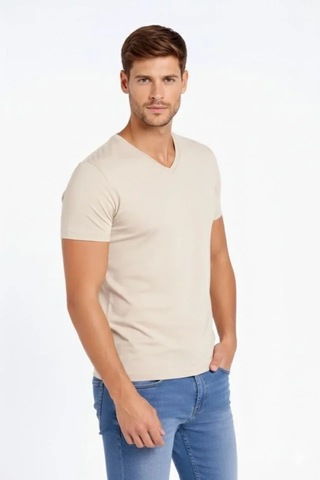 Butik İstanbul Erkek T-shirt V Yaka Slim Fit Dar Kesim Likralı Tişört Günlük Basic Body - Taş