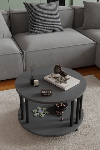 Modern Yuvarlak Orta Sehpa Çift Katlı Siyah Metal Ayaklı Salon, Ofis, Dekoratif Masa Antrasit