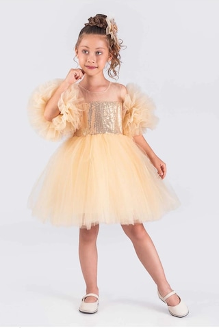 Kız Çocuk Abiye Elbise Ponpon Kol Pul Payetli Tütülü Altın