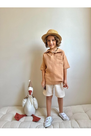 Jolly Kids Erkek Çocuk Müslin Kumaş Gömlek Yakalı Takım Kahverengi