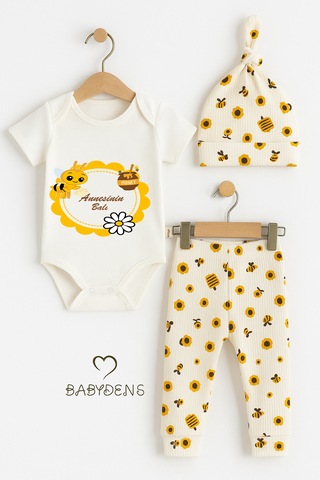 Babyden's Annesinin Balı Yazılı 3 Lü Bebek Takımı Pamuklu Kısa Kollu Çıtçıtlı Body, Arı Desenli Pantolon,bere Ekru