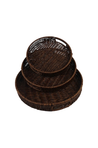 3 Lü Rattan Tepsi Dekoratif Tepsi Hasır Örme Tepsi Yuvarlak Kahverengi