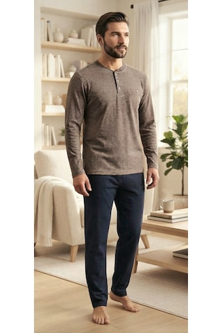 Erse %100 Pamuk Selanik Örme Uzun Kol Erkek Pijama Takımı Kışlık - 9042375795618 Kahverengi