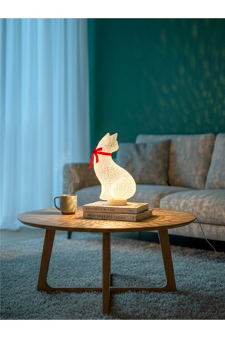 Sincara Home Kedi Petek Dekor / Masa Ve Gece Lambası / Beyaz Kedi - Kırmızı Kurdele