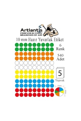 Artlantis 10 Mm Renkli Hazır Yuvarlak Etiket 540 Lı 1 Paket Mix Color Ofis Etiketleri 127 Kendinden Yapışkanlı Nokt Genel