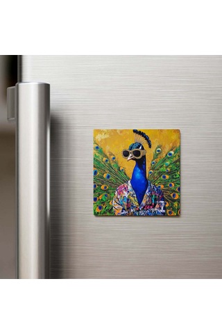 Peacock - Tavus Kuşu - Güneş Gözlüklü Style - Buzdolap Magneti - 9x9 Cm