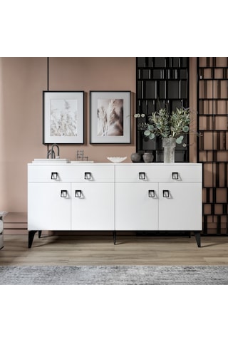 Elara Konsol 180 Cm Beyaz, Metal Ayaklı 4 Kapaklı 2 Çekmeceli Modern Konsol Beyaz