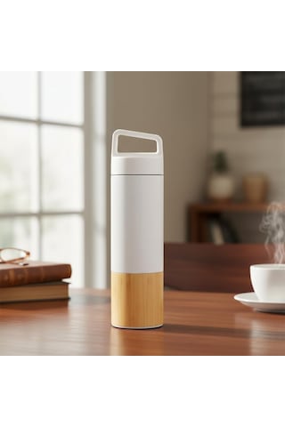 600 Ml Bambu Tabanlı Kulplu Çelik Termos Mug - 5 Renk Seçenekli Sıcak/soğuk Tutucu Seyahat Bardağı Beyaz Çok Renkli