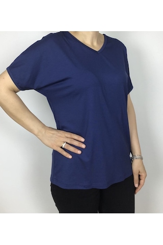 Kısa Kol V Yaka Likralı Düz Penye Bluz Mavi