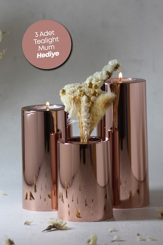 3 Lü Bakır Krom Parlak Yüzey Mumluk Dekoratif Tealight Set Mum