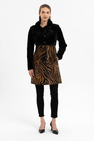 Jade Siyah Ve Leopar Desenli Kadın Hakiki Deri Kaban-siyah Siyah