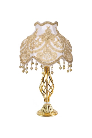 Dekovien Kadife Kaplı Fransız Güpürlü Gold Burgulu Abajur Altın