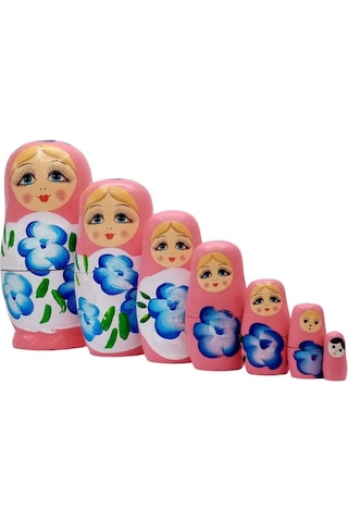 Mobgift Ahşap Tombul Iç Içe Matruşka Bebek 7li Set Pembe