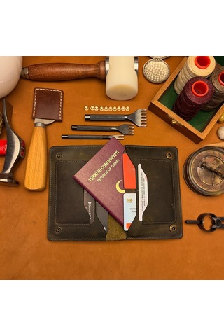 Bideri Ani Hakiki Deri Passport Cüzdan Kılıf Haki