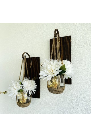 Duvar Dekoru, Led Işıklı, Beyaz Yılzdız Çiçekli, Ceviz Aplik İkili Set