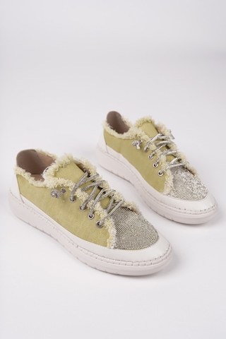 Muggo Damsel Bağcıklı Taşlı Kadın Günlük Denim Sneaker Spor Ayakkabı Yeşil