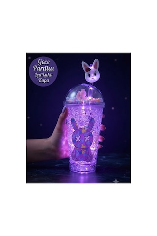 Çift Katmanlı İçecek Bardağı Led Işıklı Pipetli Kawaii Chibi Sevimli Tavşan Figürlü Suluk 450 Ml Mor