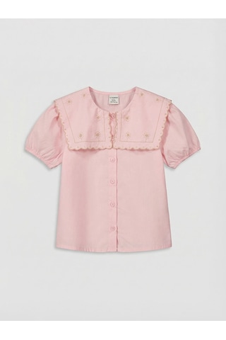 LC Waikiki Lcw Kids Pembe Nakışlı Kısa Kollu Kız Çocuk Gömlek Pınk