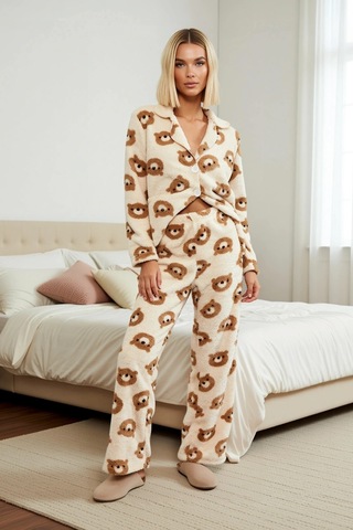 Benerly Kadın Gömlek Yaka Standart Kol Regular Kalıp Wellsoft Örme Pijama ekru