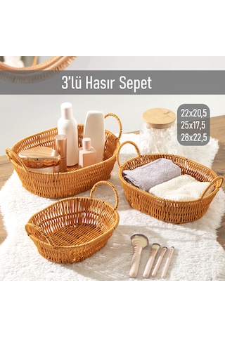Porsima 302d 3lü Düzenleyici Oval Hasır Sepet Seti Ekmeklik Sepet