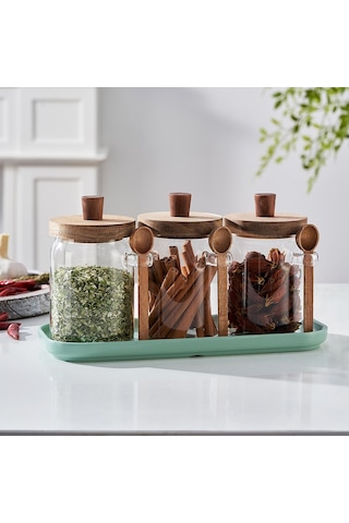 Qerhome 3'lü Borosilikat Cam Akasya Kapaklı Ve Kaşıklı Kavanoz Seti 750 Ml Düz Şeffaf