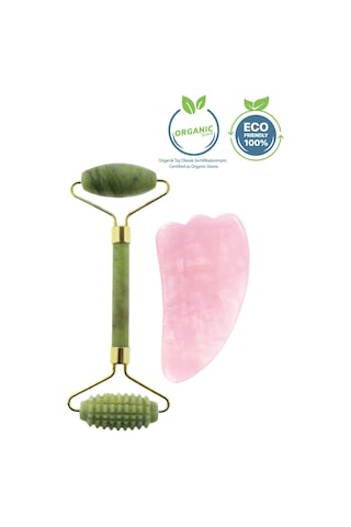 Seay Yeşim Tırtıklı Roller + Pembe Kuvars Gua Sha Yüz Masaj Aleti