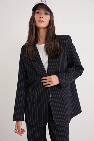 4753 Kadın Çizgili Oversize Blazer Ceket Lacivert Lacivert