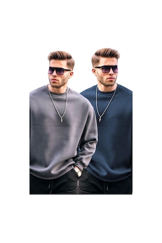 Madmext Füme/lacivert Bisiklet Yaka Oversize Şardonlu Basic Erkek 2'li Paket Sweatshirt E7447 Füme/lacivert