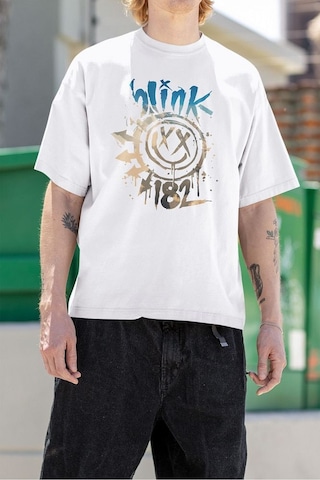 Blink 182 Gülen Yüz Baskılı Unisex Oversize Tişört Beyaz