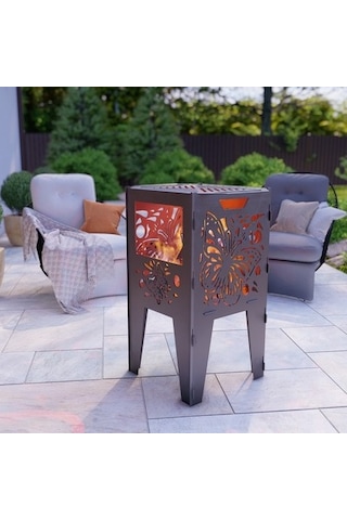Kelebek Desenli Dekoratif Kare Mangal Portatif Ateş Çukuru Siyah