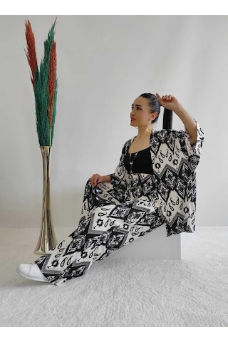 İpli Siyah Renk Desenli Ikili Kimono Takım Rahat Kalıp Siyah