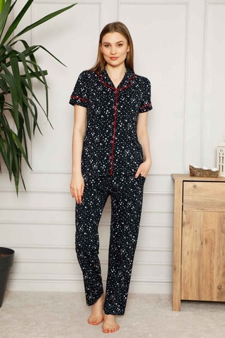 Farya Home Dreamy Pamuklu Yıldız Desenli Biyeli Kısa Kollu Gömlek Pijama Takımı Siyah Kırmızı Kırmızı - Siyah