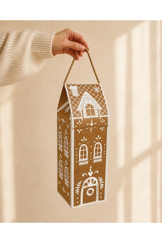 Yılbaşı Ev Tasarımlı Kraft Şişe Kutusu, Dekoratif Yeniyıl Temalı Parti Hediye Çantası, 6lı Paket