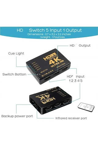Hdmi Switch 5 Port Çoklayıcı Kumandalı 4k Ultra Hd Destekli Switch