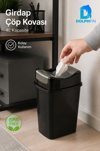 Girdap 4 Litre Sallanır Kapaklı Mini Çöp Kovası Banyo Mutfak Ofis Siyah Füme