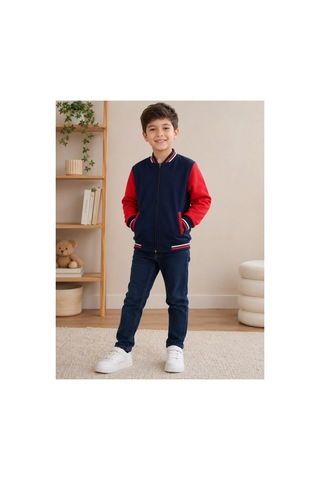 Uğur Bebe Unisex Çocuk Hırka Fermuarlı 3 İplik Şardonsuz Örme Kumaş Lacivert Kollar Kırmızı Günlük Spor Mevsimlik 1 Adet Lacivert Lacivert