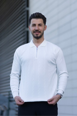 Hk Premium Triko Kazak Polo Yaka Fermuarlı Slim Fit Beyaz
