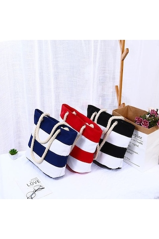 Novahub Kalın Keten Halat Saplı Çizgili Tuval Plaj Çantası - Büyük Kapasite Kırmızı Beyaz - Seyahat Alışveriş İçin Kadınlar İçin Kırmızı - Beyaz