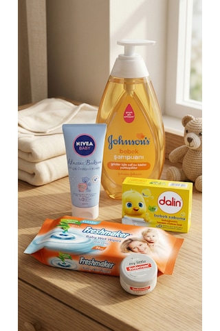 Yeni Doğan Bebek İlk Bakım Seti 5'li - Johnson's Şampuan 750ml + Nivea Pişik Kremi + Sudocrem + Dalin Sabun + Freshmaker Mendil