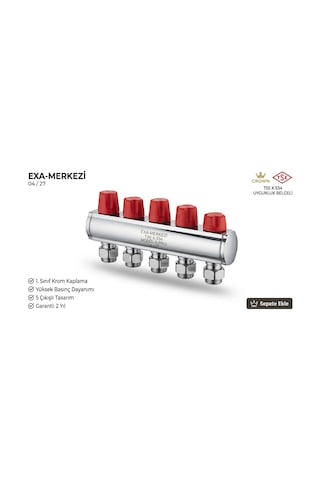 Exa-merkezivana 5 Ağızlı Kollektör Seti Kırmızı-mavi Vanalı Sıcak & Soğuk Su Dağıtıcı Tse K 534 Belgeli Yerden Isıtma Ve Tesisat Kolektörü Krom
