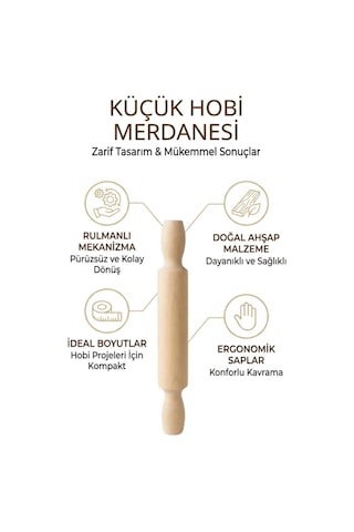 Kamptek Ahşap Atölyesinden Küçük Hobi Kurabiye Merdanesi Oyun Hamuru Merdanesi Doğal 24 Cm