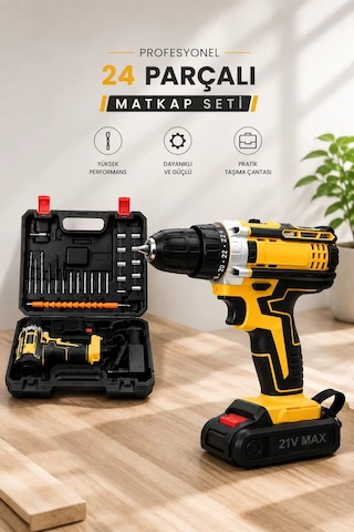 24w Akülü Darbeli Matkap Seti - Çift Bataryalı, Metal Dişli, Led Işıklı, 24 Parça Aksesuar Mh-hs6050-8928