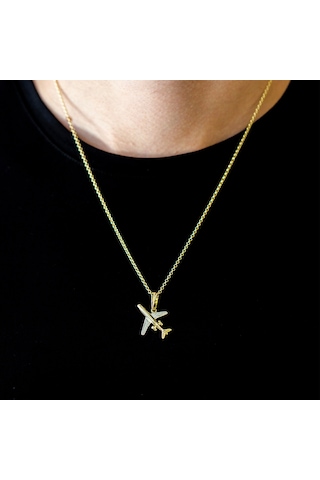 14 Ayar Altın Uçak Figürlü Erkek Kolye 55 Cm