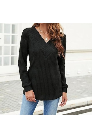 Tongxida Sonbahar-kış Kadın Uzun Kollu V Yaka Çukur Kazak Siyah, Büyük Beden, El/makine Yıkama Siyah