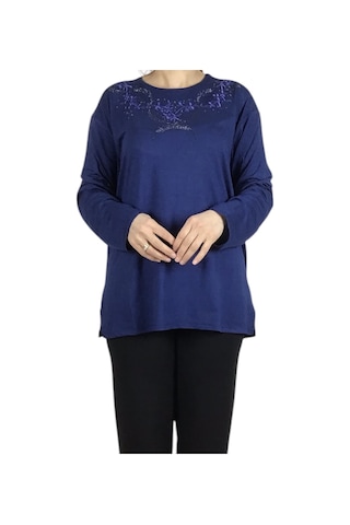 Kadın Yakası Taşlı Likralı Büyük Beden Bluz Arpbattal1 Mavi