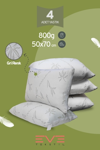 Eve Tekstil 4 Adet Bamboo Gri Serisi Kılıflı Fermuarlı Yıkanabilir Antialerjik Silikon Elyaf Yastık 50x70cm 800 Gr Gri