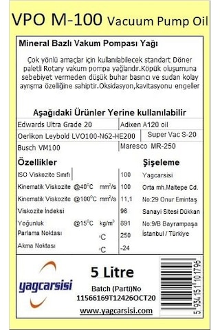 Vpo M-100 Vakum Pompası Yağı Leybold LVO100-N62-HE200- Busch V 5 L