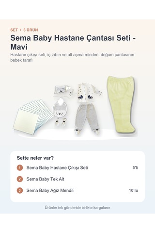 Sema Baby Hastane Çantası Seti 3 Parça: Hastane Çıkışı Seti + Tek Alt + Ağız Mendili - Mavi